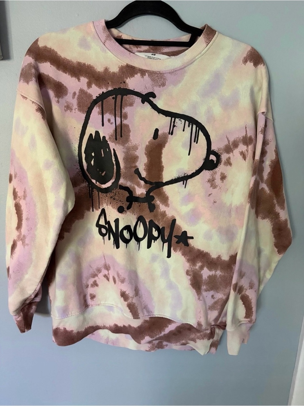 H&M Kids Peanuts Snoopy Tie Dye Sweatshirt Girls 12/14 Pink Brown Graphic Crew